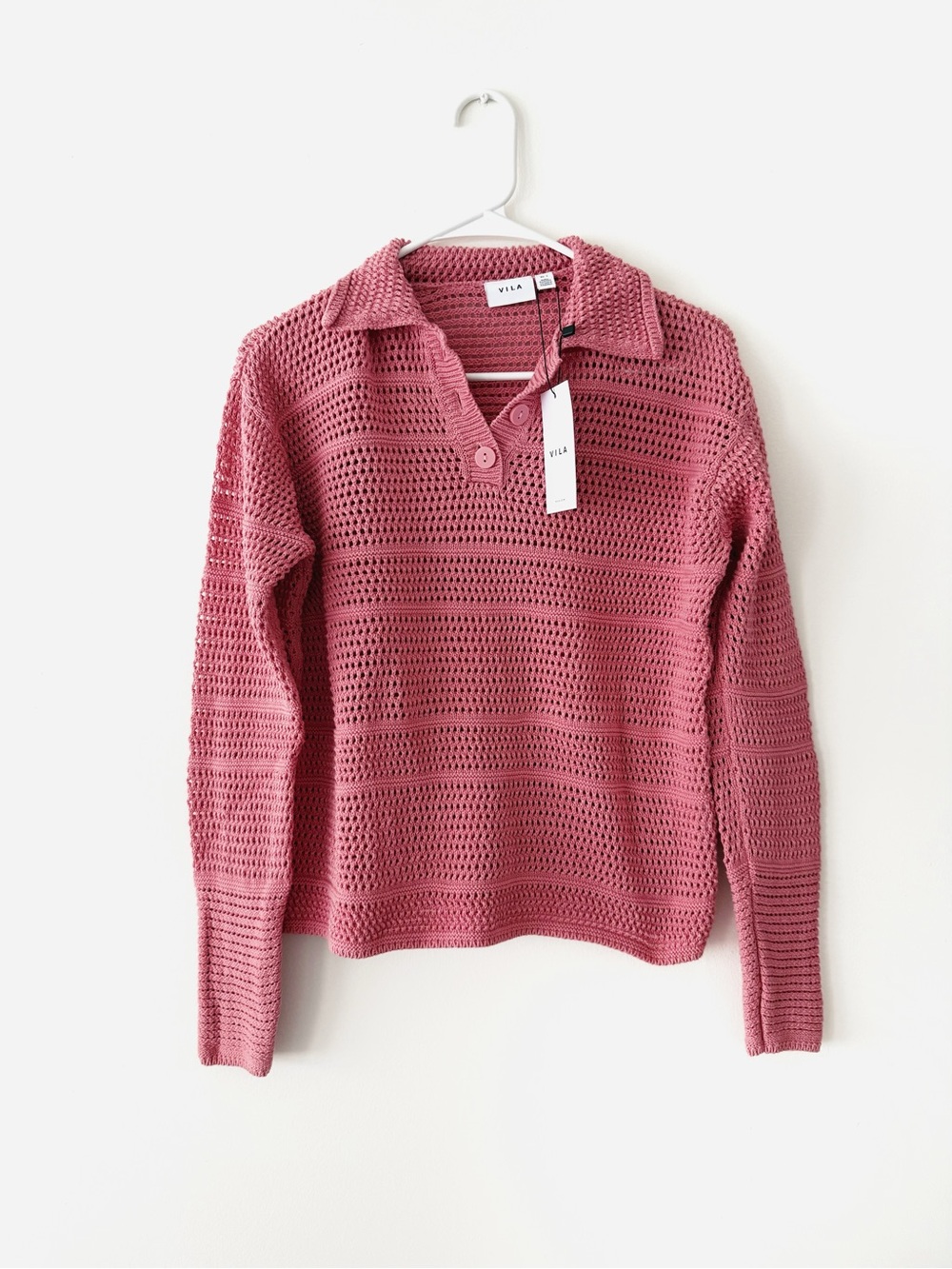 VILA Mauve Open-Knit Polo Sweater Sz S NWT
